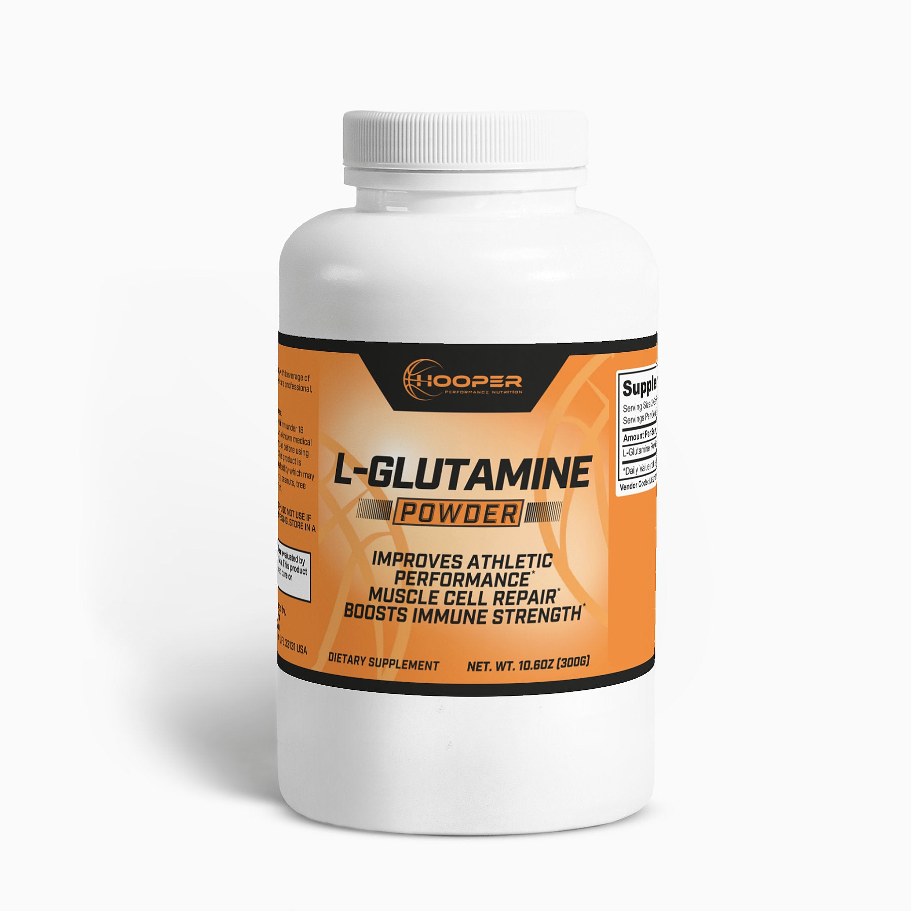 Bottle of L-Glutamine powder dietary supplement with health claims on label.